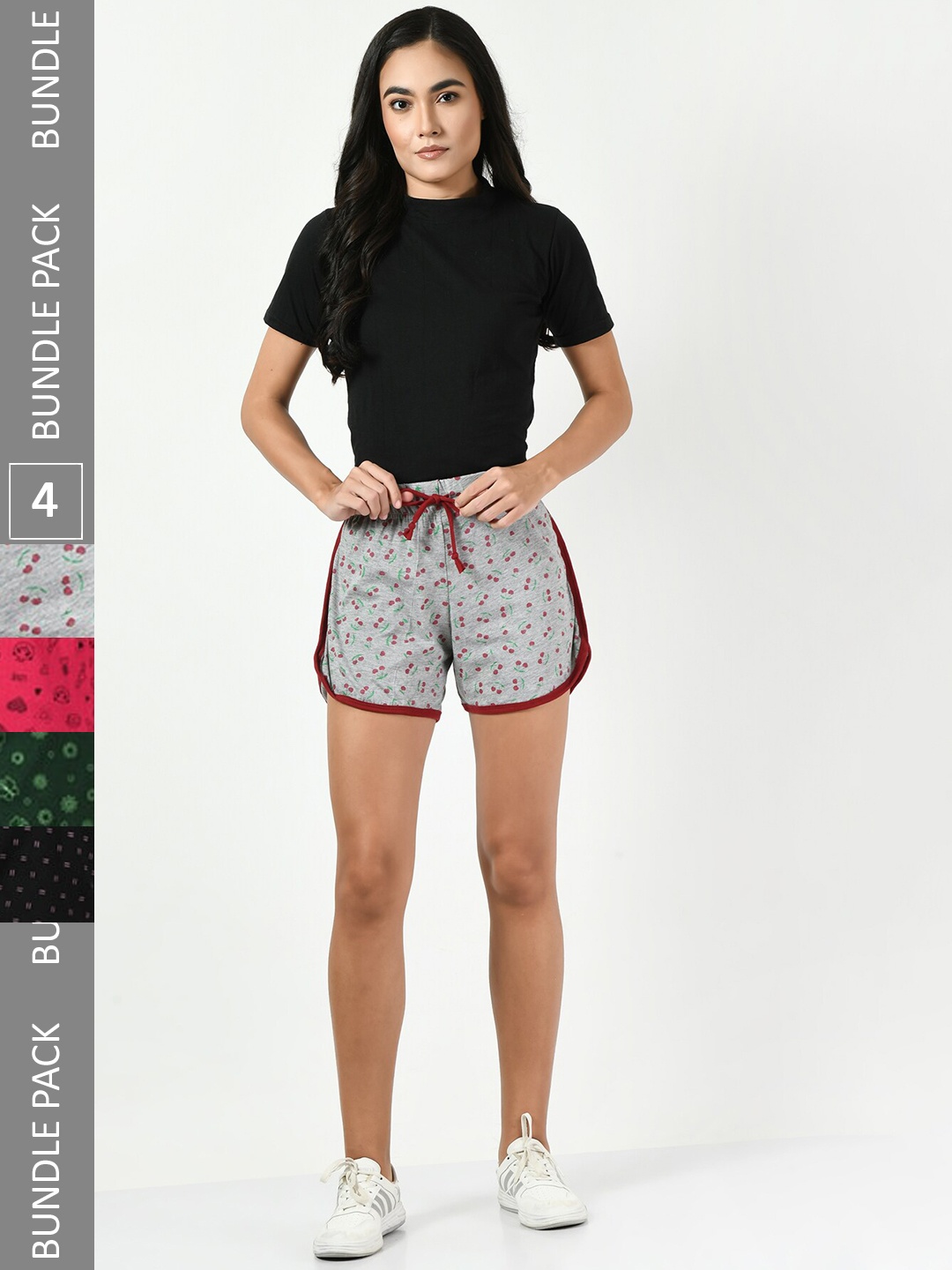 

BAESD Women Pack Of 4 High-Rise Floral Printed Pure Cotton Shorts, Grey