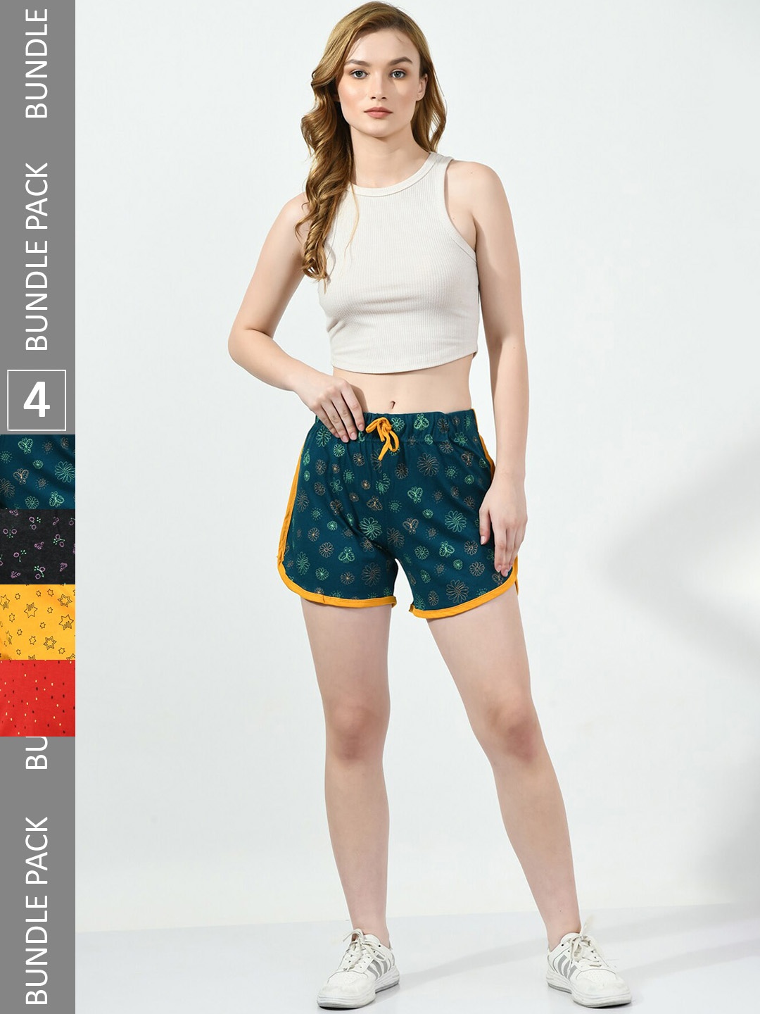 

BAESD Women Pack Of 4 Printed High-Rise Pure Cotton Hot Pants, Green
