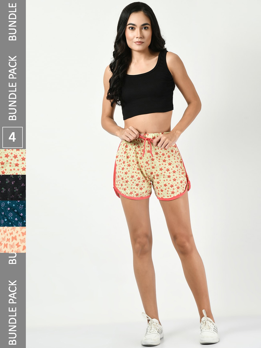 

BAESD Women Pack Of 4 Printed High-Rise Pure Cotton Hot Pants, Yellow