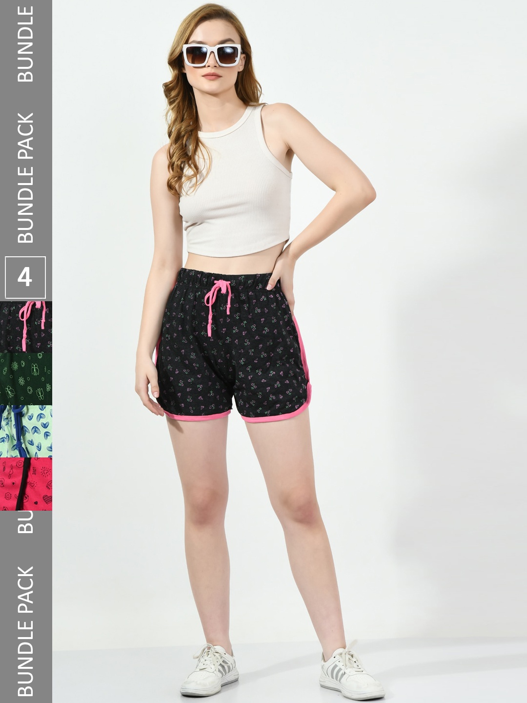 

BAESD Women Pack Of 4 Printed High-Rise Pure Cotton Hot Pants, Black