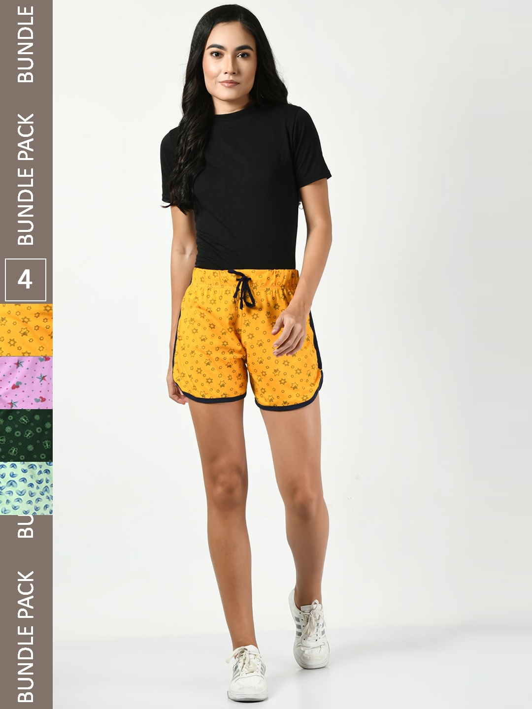 

BAESD Women Pack Of 4 Conversational Printed High-Rise Pure Cotton Shorts, Yellow