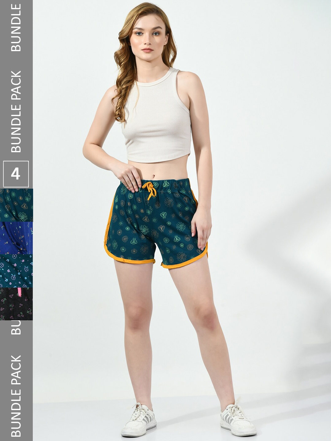 

BAESD Women Pack of 4 High-Rise Floral Printed Pure Cotton Shorts, Grey