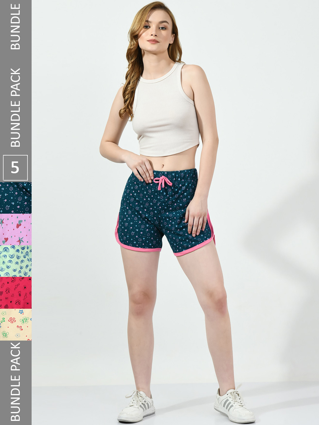 

BAESD Women Pack Of 5 Conversational Printed High-Rise Pure Cotton Shorts, Blue