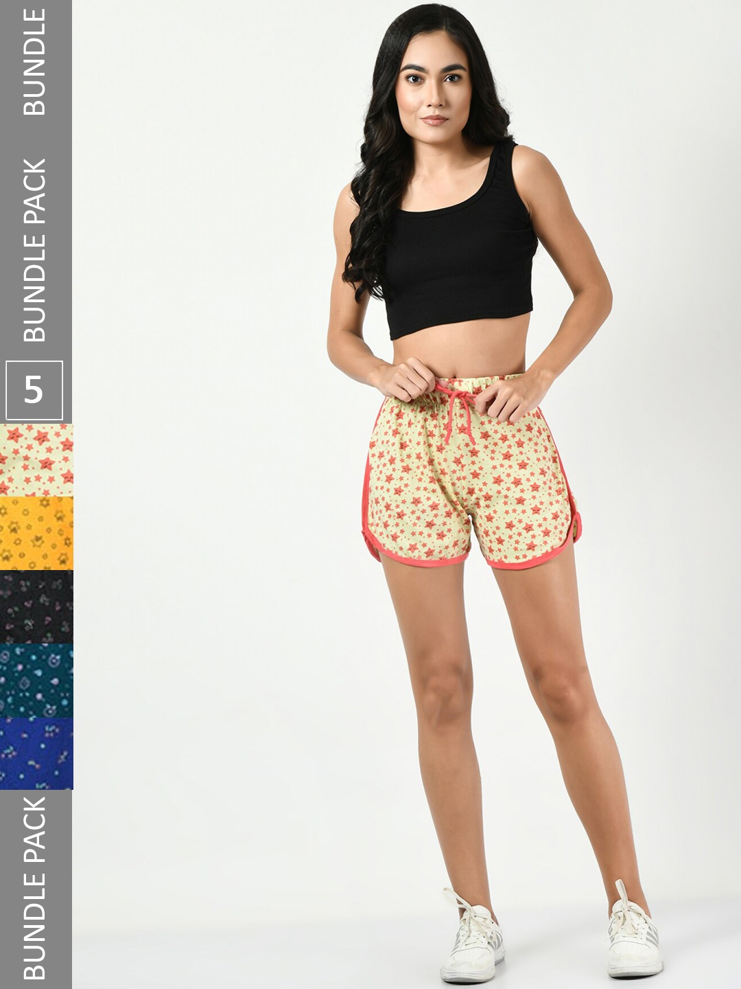 

BAESD Women Pack Of 5 Conversational Printed High-Rise Pure Cotton Shorts, Yellow