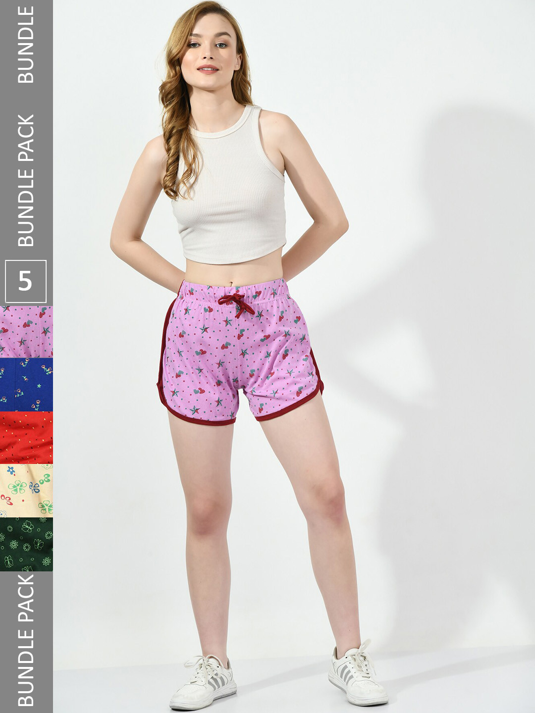 

BAESD Women Pack Of 5 Conversational Printed High-Rise Pure Cotton Shorts, Purple
