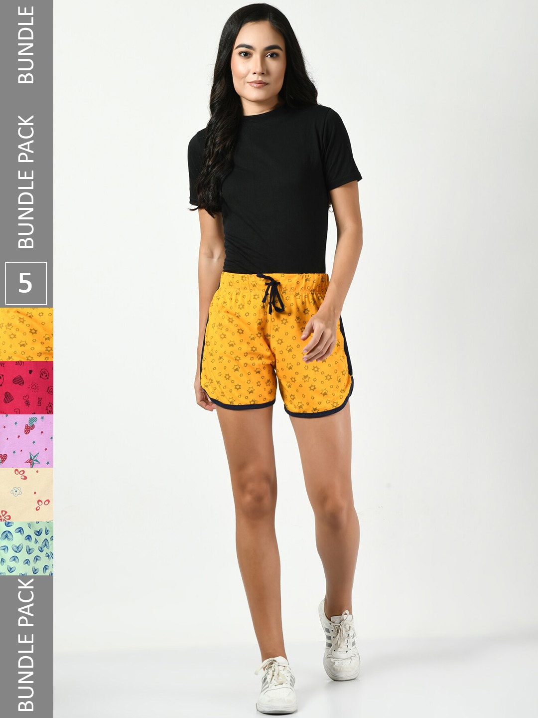 

BAESD Women Pack Of 5 Conversational Printed High-Rise Pure Cotton Shorts, Yellow