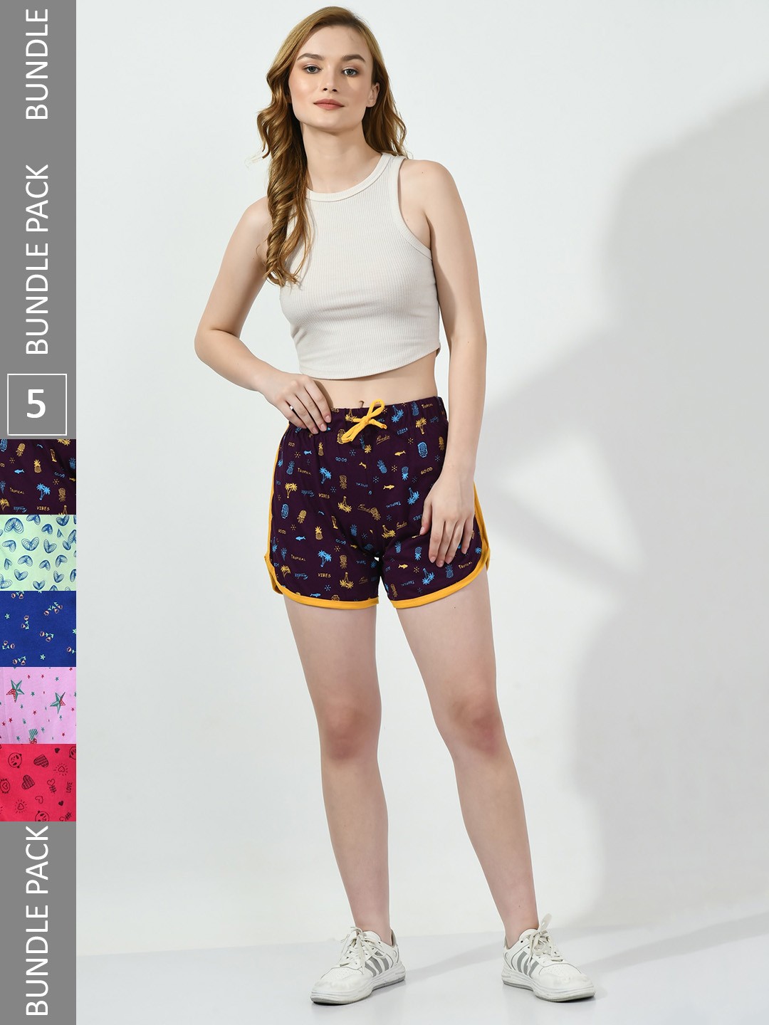 

BAESD Women Pack Of 5 Conversational Printed High-Rise Pure Cotton Shorts, Purple