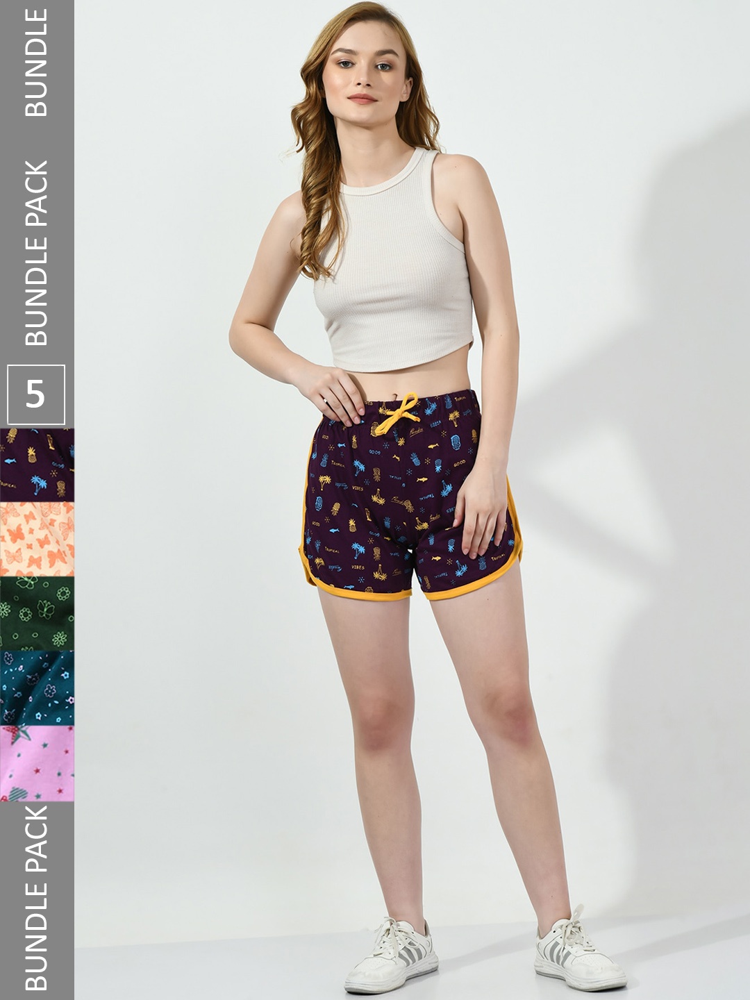

BAESD Women Pack Of 5 Conversational Printed High-Rise Pure Cotton Shorts, Purple