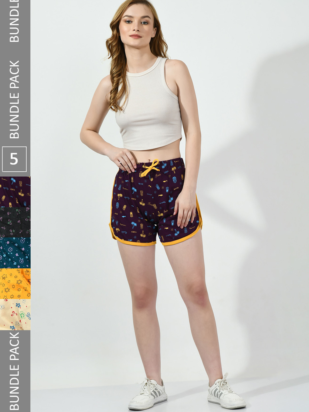 

BAESD Women Pack Of 5 Conversational Printed High-Rise Pure Cotton Shorts, Purple