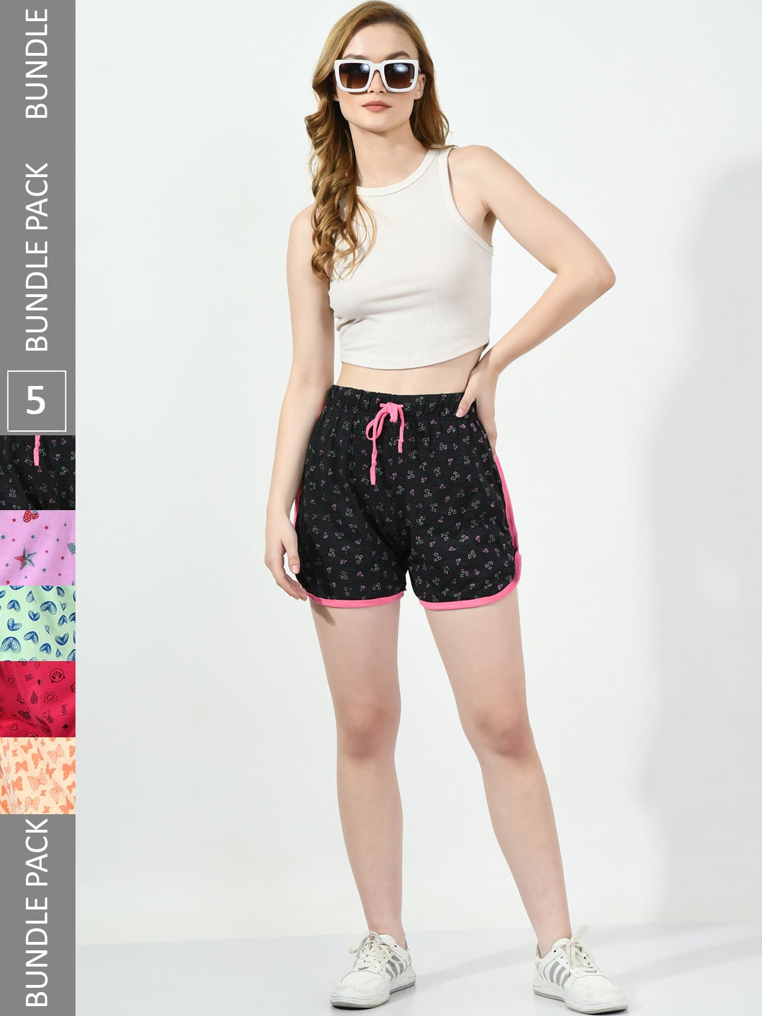 

BAESD Women Pack Of 5 Conversational Printed High-Rise Pure Cotton Shorts, Black
