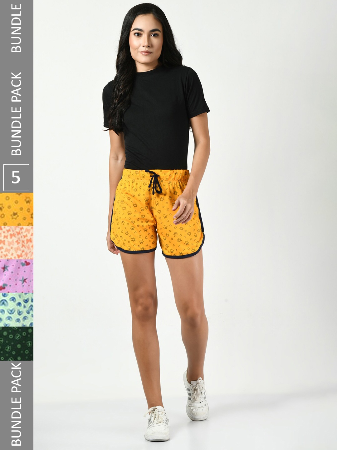 

BAESD Women Pack of 5 Conversational Printed High-Rise Pure Cotton Regular Shorts, Yellow