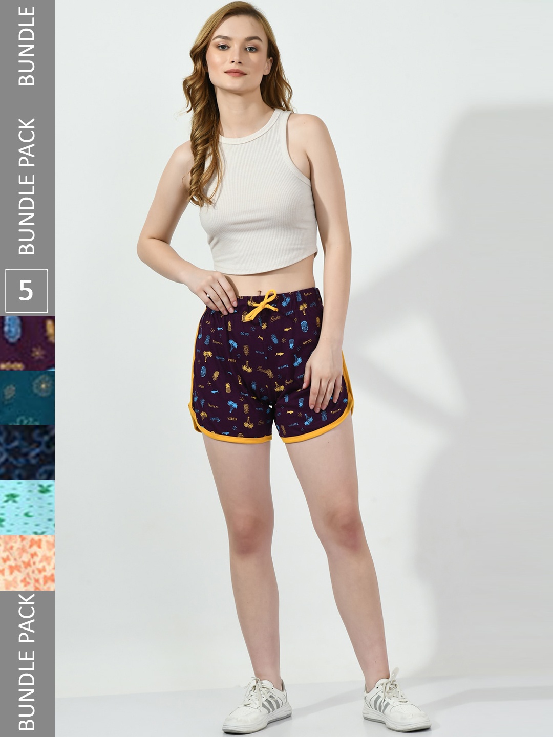 

BAESD Women Pack of 5 Conversational Printed High-Rise Pure Cotton Regular Shorts, Purple