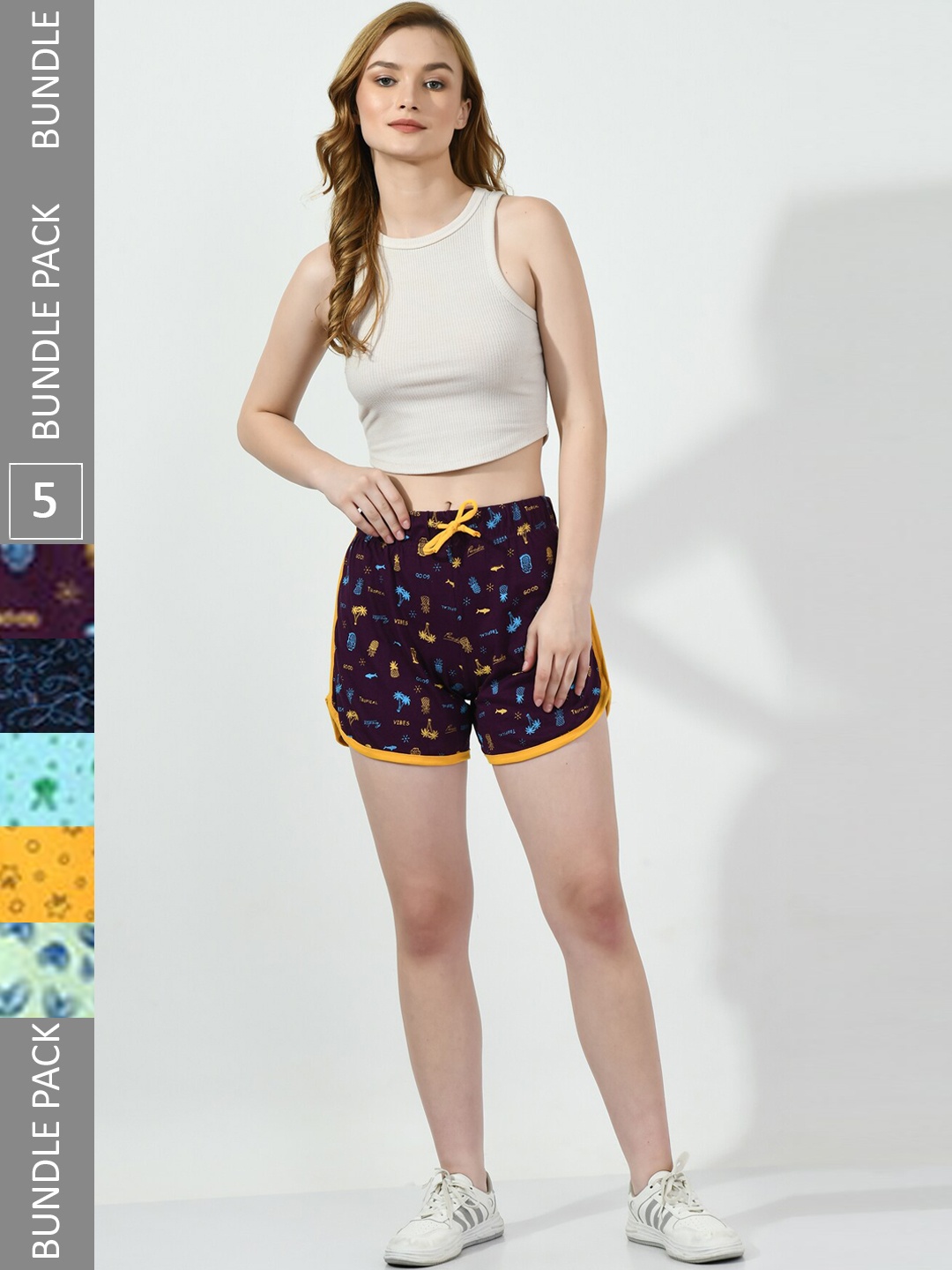 

BAESD Women Pack of 5 Conversational Printed High-Rise Pure Cotton Regular Shorts, Purple