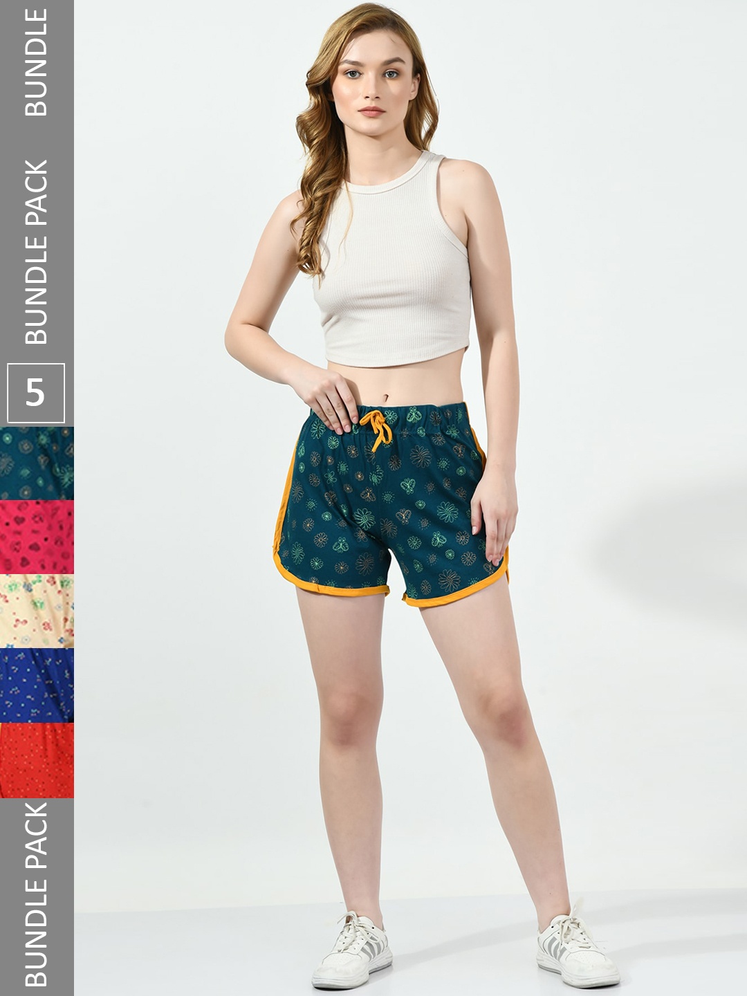 

BAESD Women Pack of 5 Conversational Printed High-Rise Pure Cotton Regular Shorts, Teal