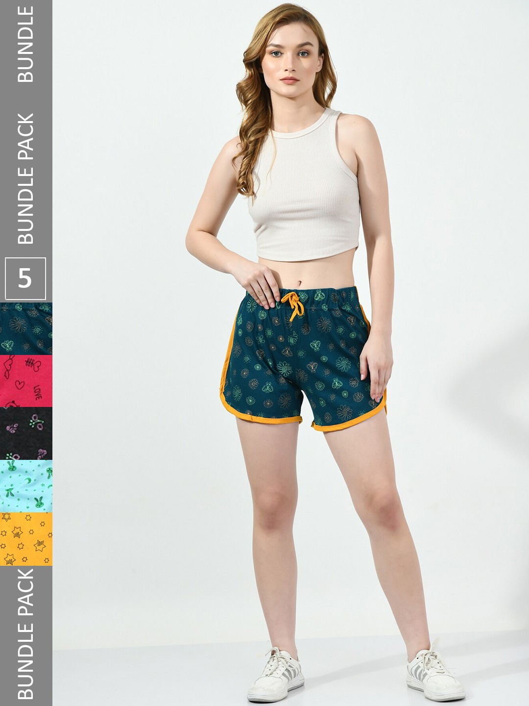 

BAESD Women Pack of 5 Conversational Printed High-Rise Pure Cotton Regular Shorts, Teal