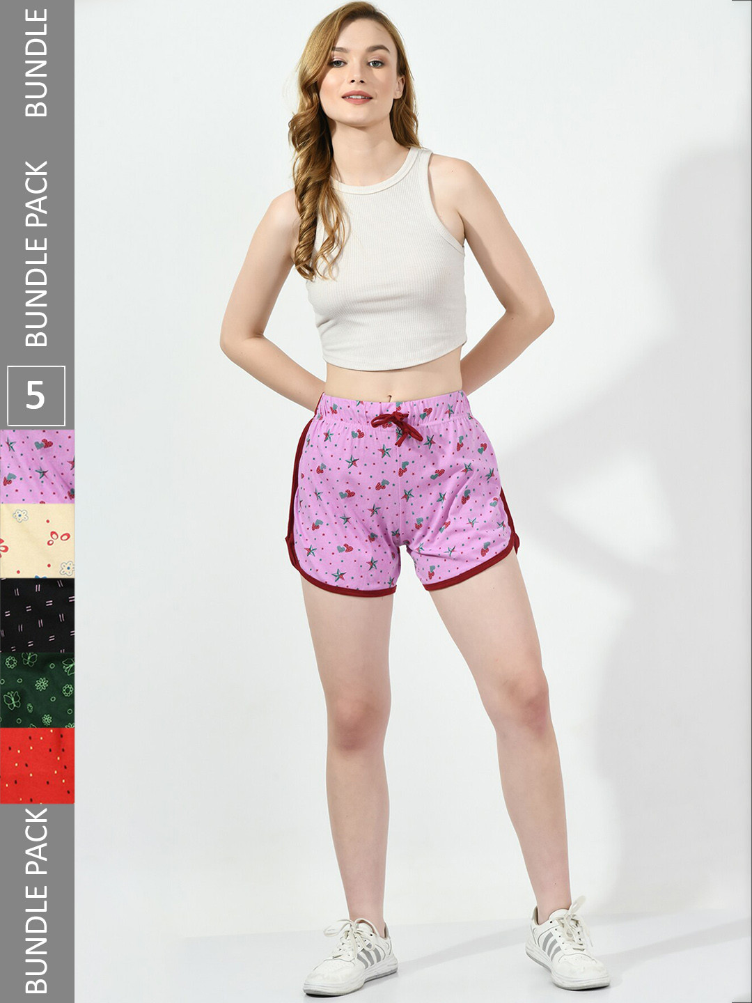 

BAESD Women Pack of 5 Conversational Printed High-Rise Pure Cotton Regular Shorts, Lavender