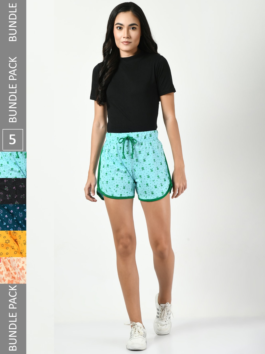 

BAESD Women Pack Of 5 Conversational Printed High-Rise Pure Cotton Regular Shorts, Turquoise blue