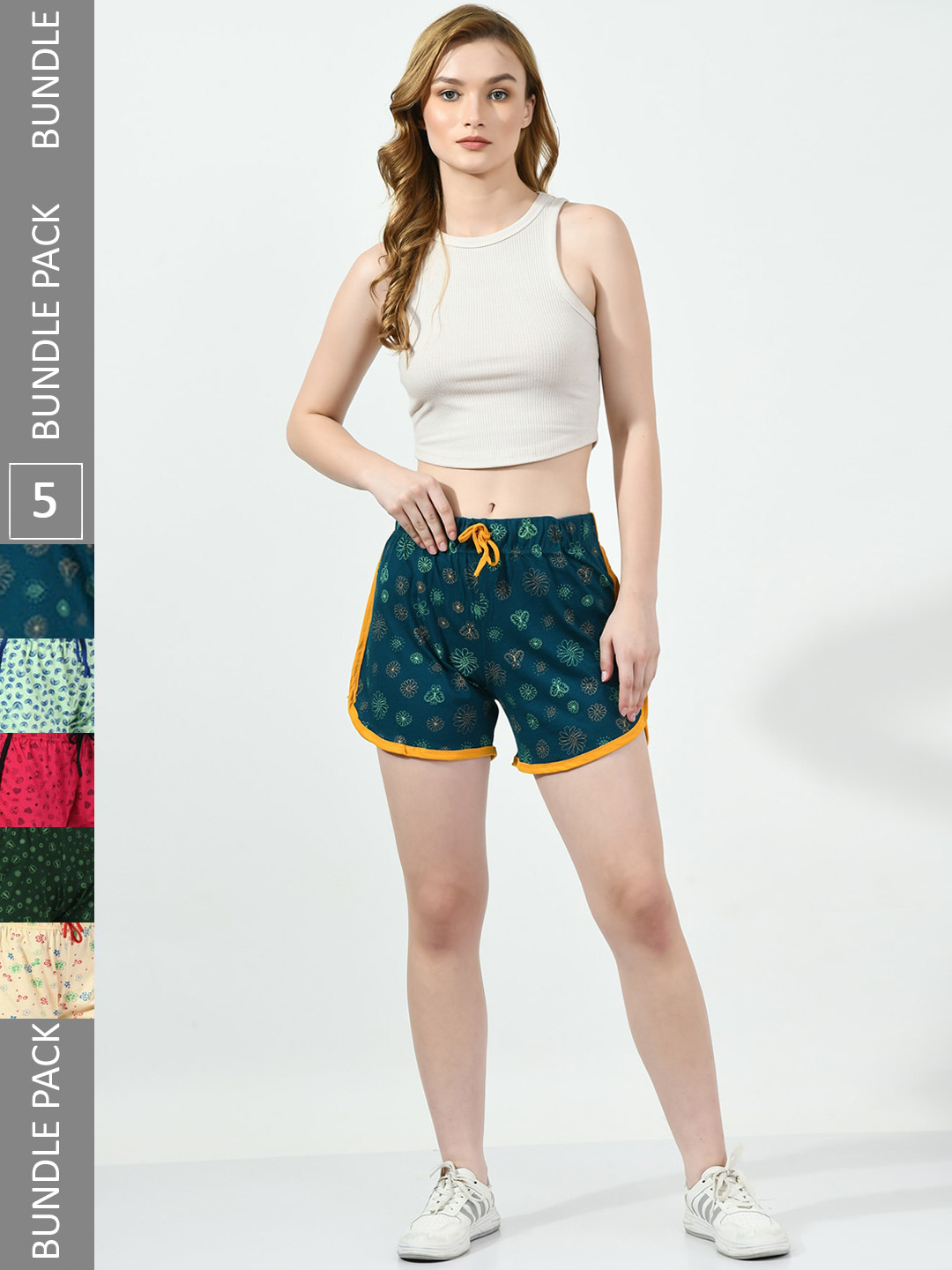 

BAESD Women Pack Of 5 Conversational Printed High-Rise Pure Cotton Regular Shorts, Teal
