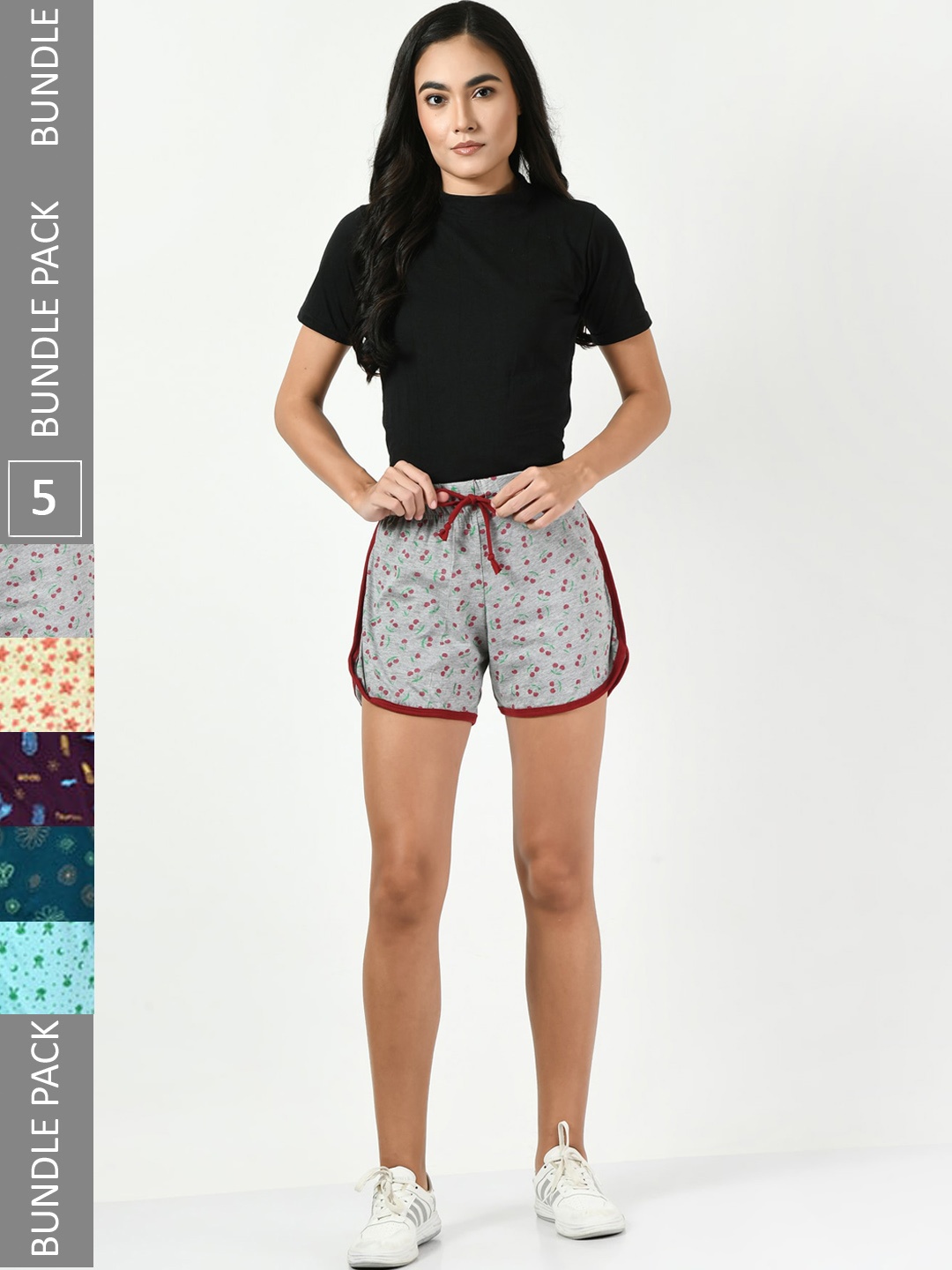 

BAESD Women Pack Of 5 Conversational Printed High-Rise Pure Cotton Regular Shorts, Grey