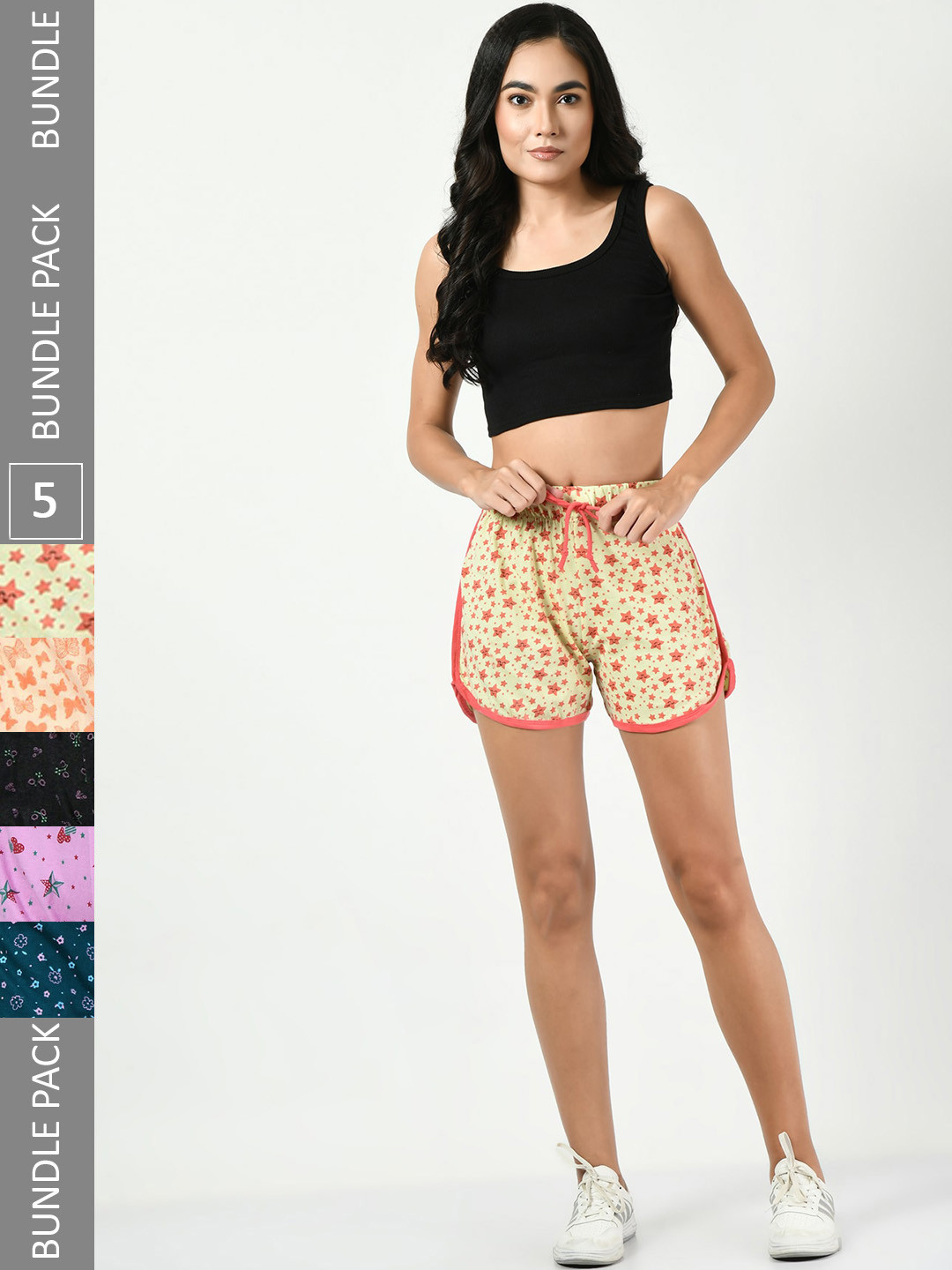 

BAESD Women Pack Of 5 Conversational Printed High-Rise Pure Cotton Regular Shorts, Yellow