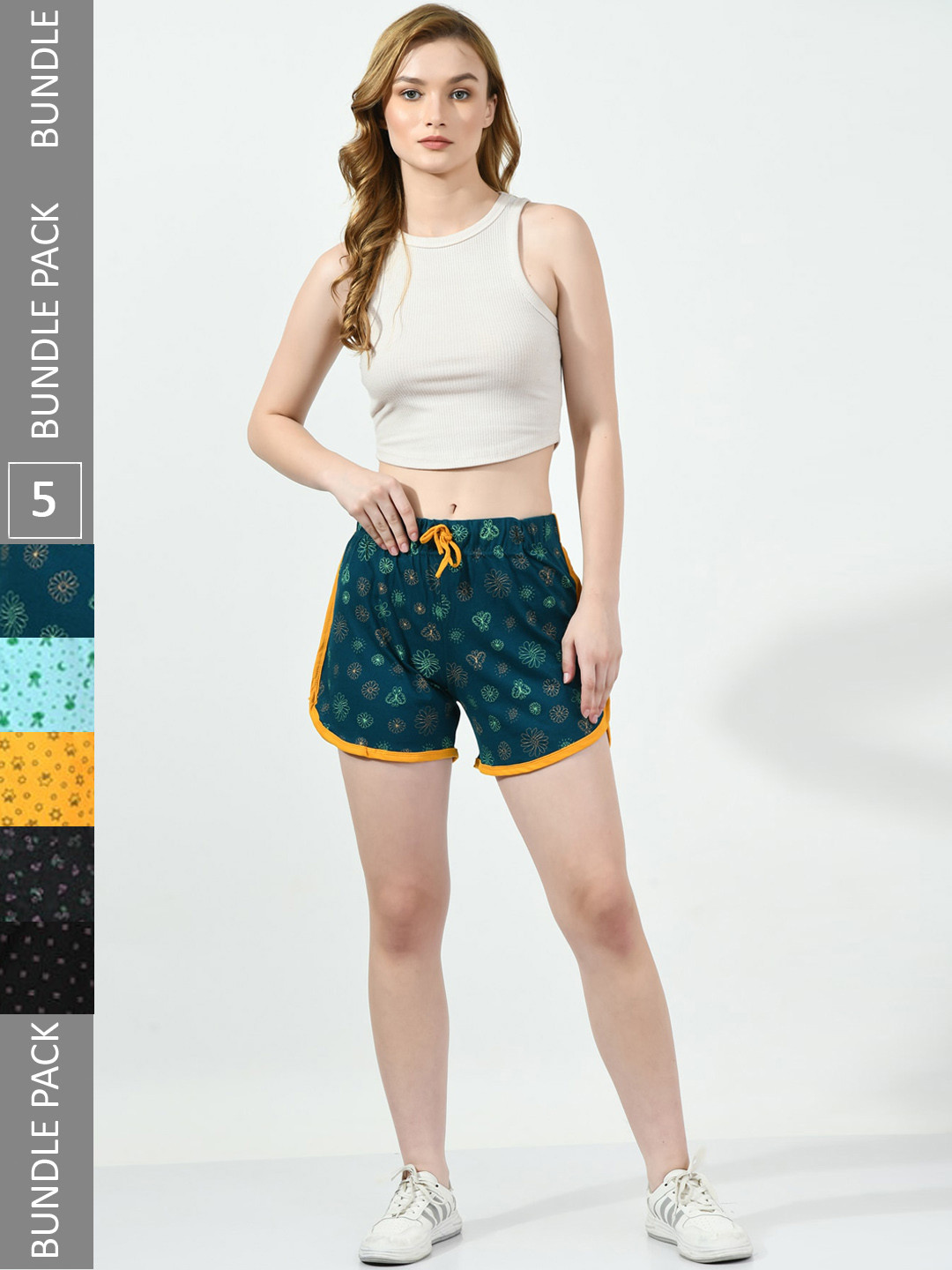 

BAESD Women Pack Of 5 Conversational Printed High-Rise Pure Cotton Regular Shorts, Teal