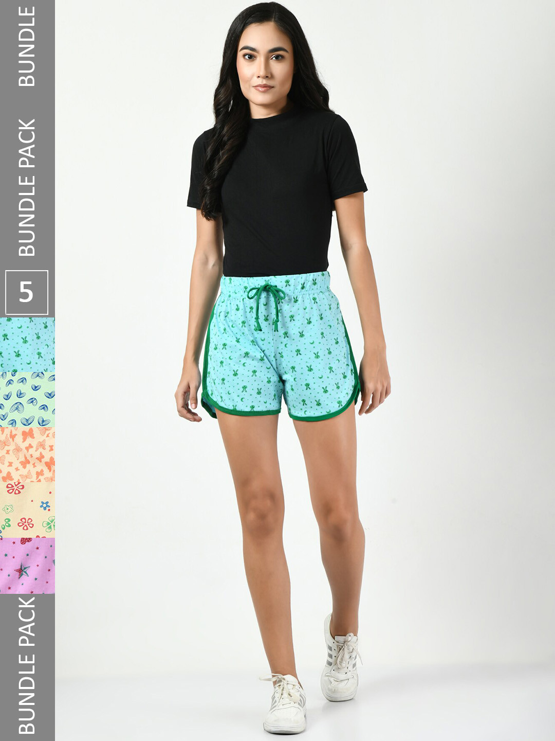 

BAESD Women Pack Of 5 Conversational Printed High-Rise Pure Cotton Regular Shorts, Blue