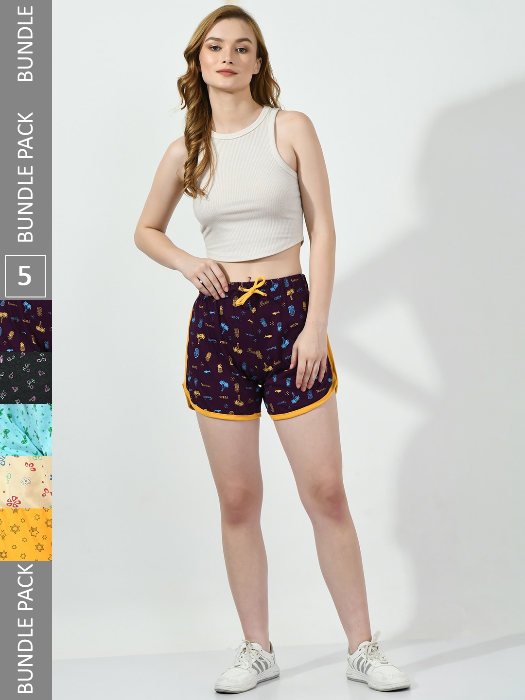 

BAESD Women Pack Of 5 Conversational Printed High-Rise Pure Cotton Regular Shorts, Purple