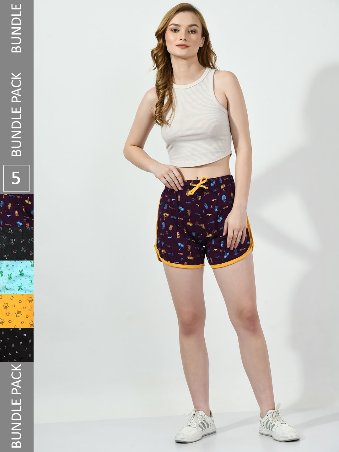 

BAESD Women Pack Of 5 Conversational Printed High-Rise Pure Cotton Regular Shorts, Purple