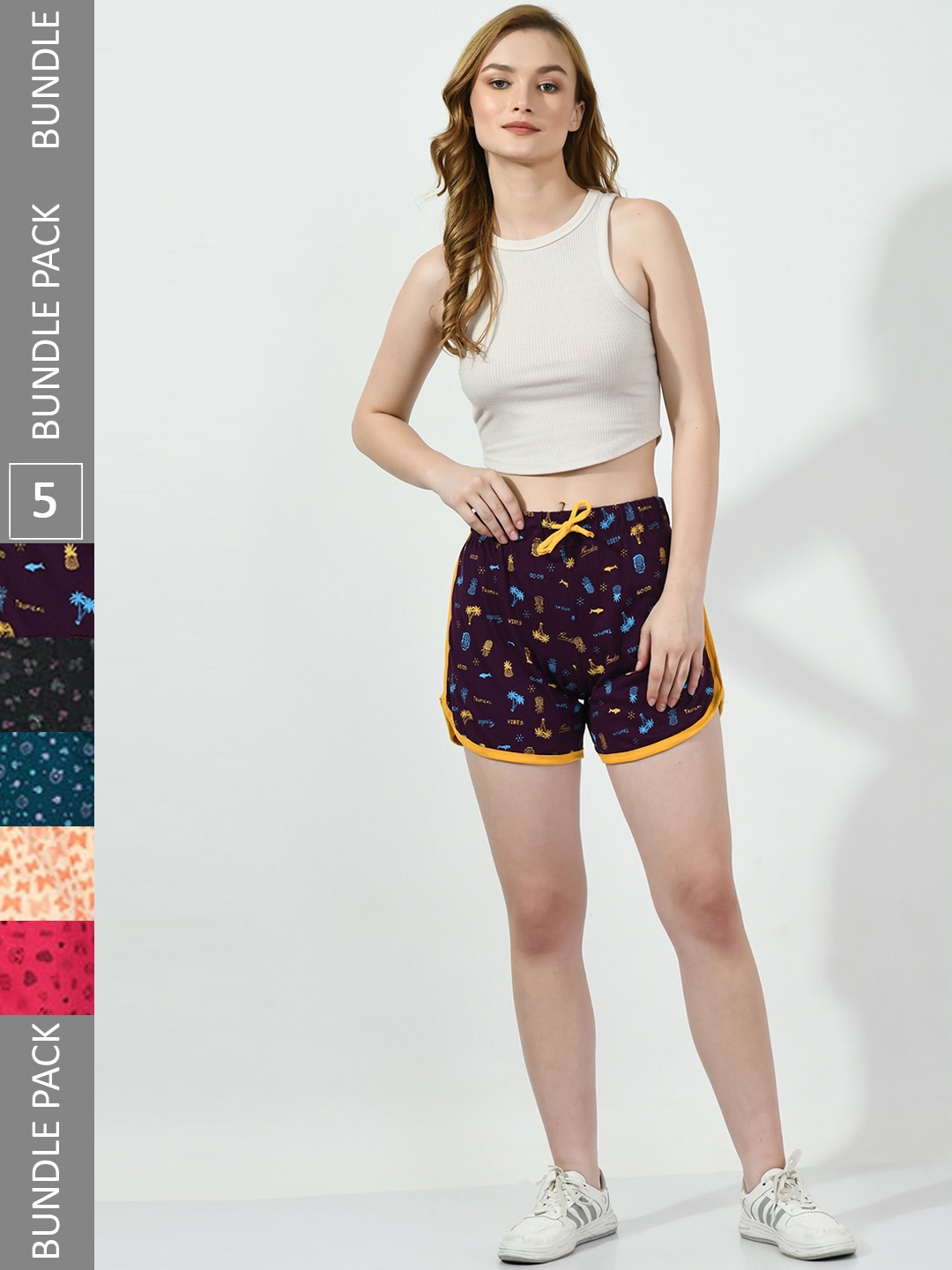 

BAESD Women Pack Of 5 Printed High-Rise Pure Cotton Hot Pants, Purple