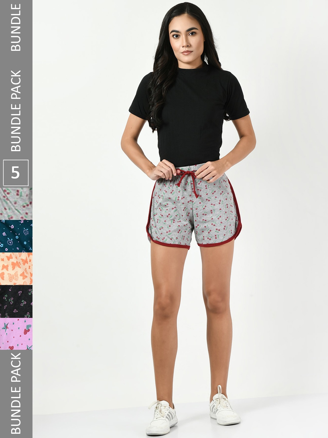 

BAESD Women Pack Of 5 Printed High-Rise Pure Cotton Hot Pants, Grey
