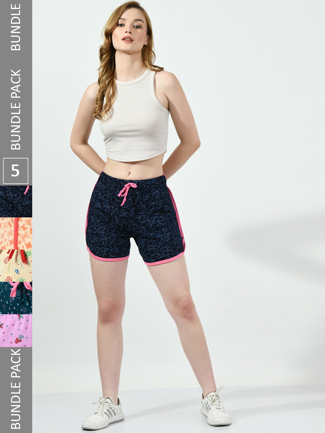 

BAESD Women Pack of 5 Conversational Printed High-Rise Pure Cotton Regular Shorts, Navy blue