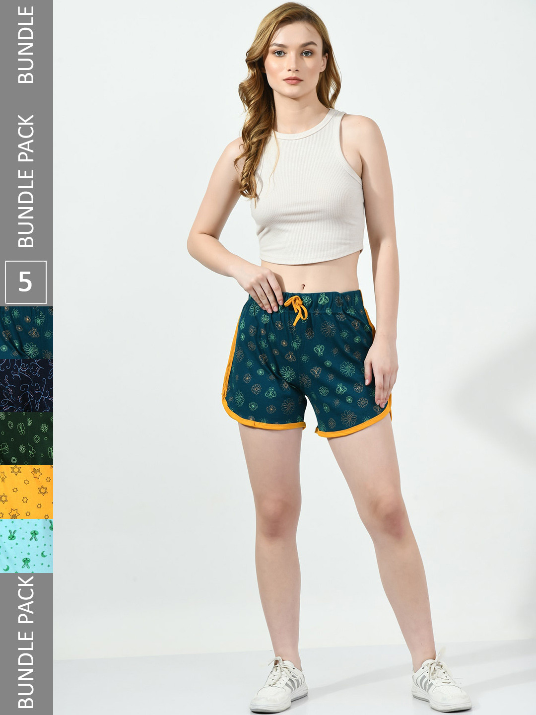 

BAESD Women Pack of 5 Conversational Printed High-Rise Pure Cotton Regular Shorts, Green