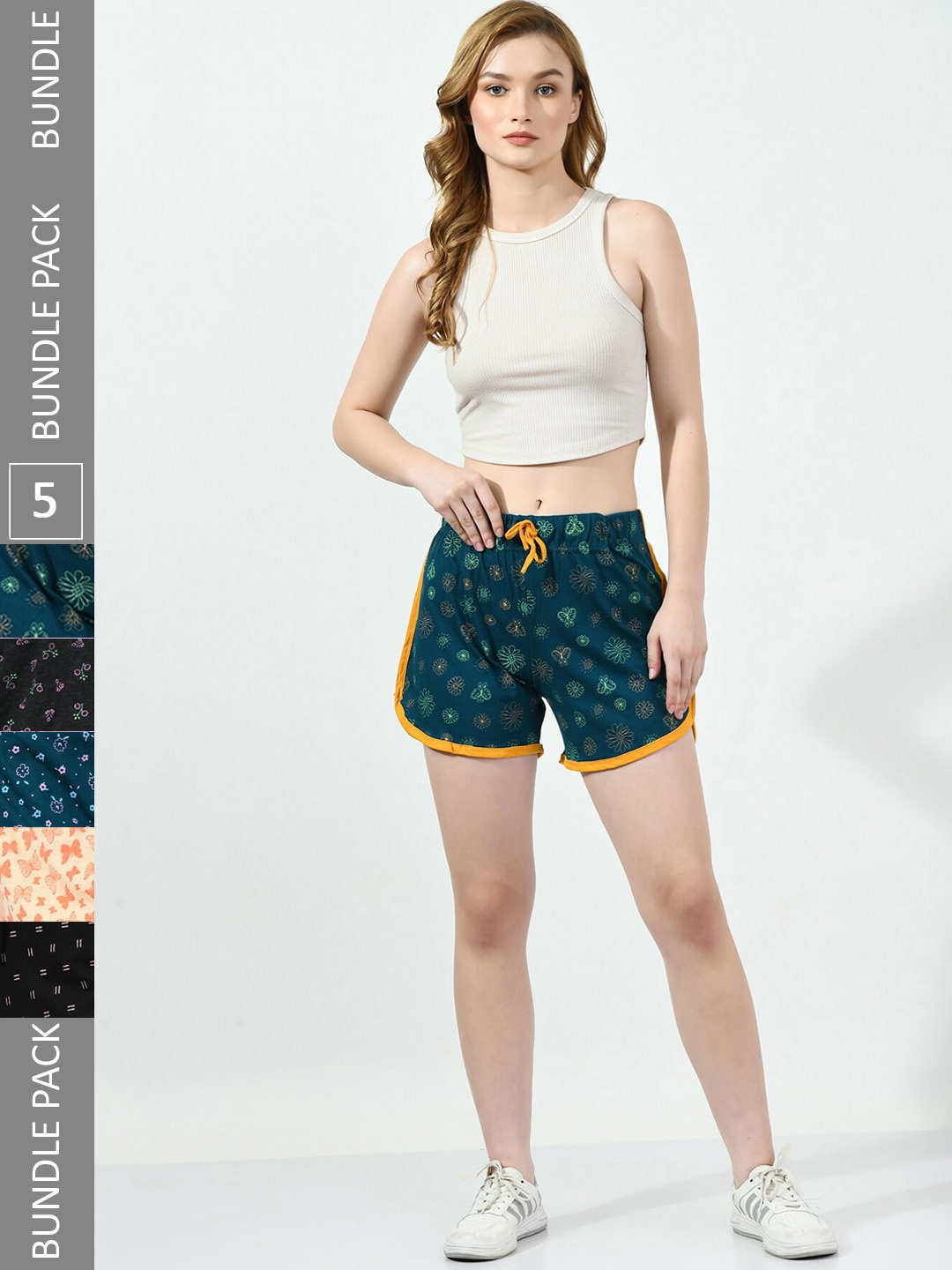 

BAESD Women Pack of 4 Conversational Printed High-Rise Pure Cotton Regular Shorts, Green