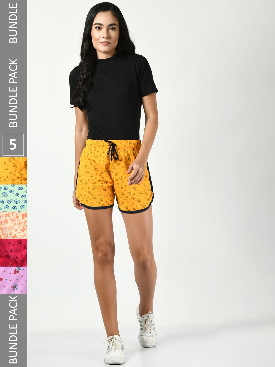 

BAESD Women Pack of 5 Striped Printed High-Rise Shorts, Yellow