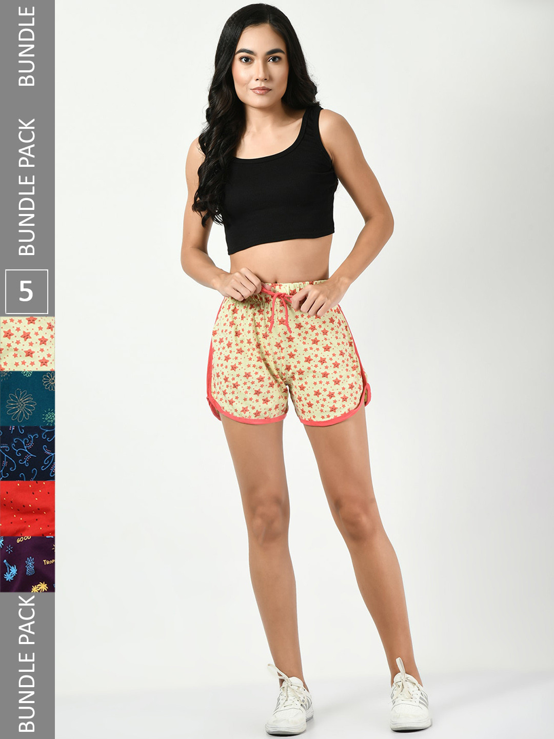 

BAESD Women Pack of 5 Conversational Printed High-Rise Pure Cotton Regular Shorts, Cream
