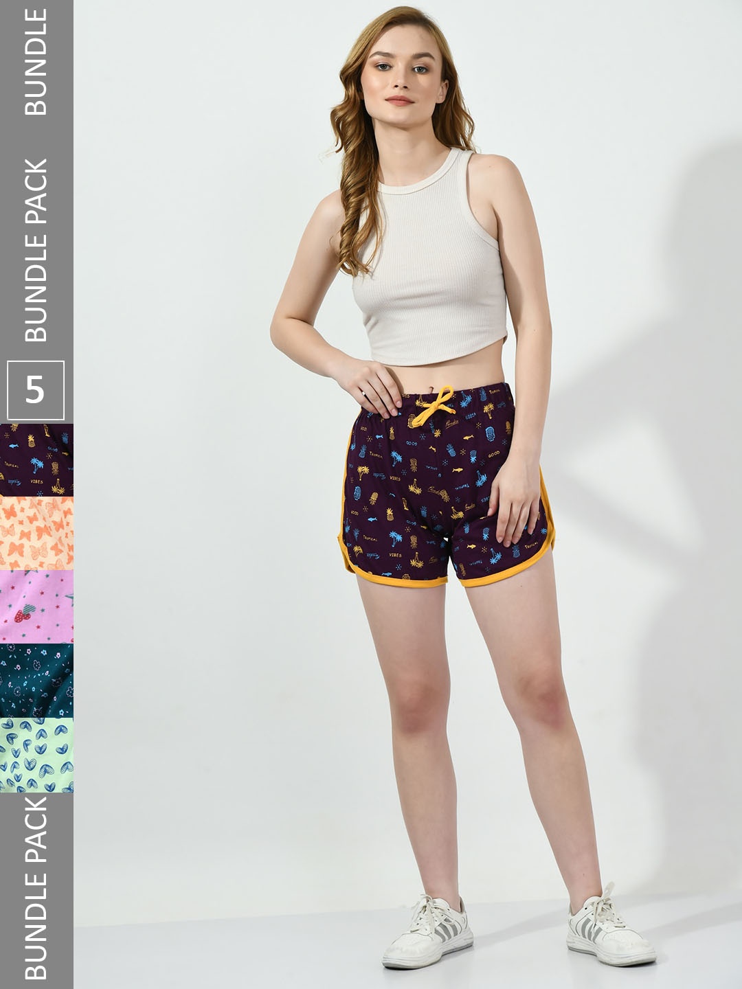 

BAESD Women Pack of 5 Conversational Printed High-Rise Pure Cotton Regular Shorts, Navy blue