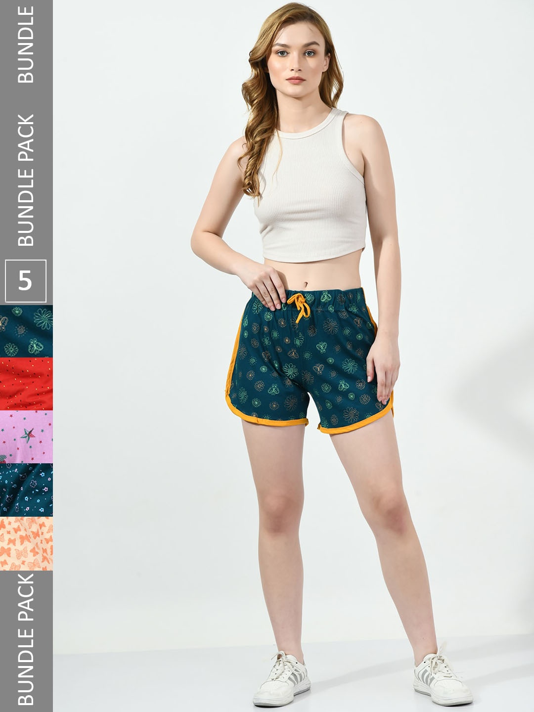

BAESD Women Pack of 5 Conversational Printed High-Rise Pure Cotton Regular Shorts, Teal