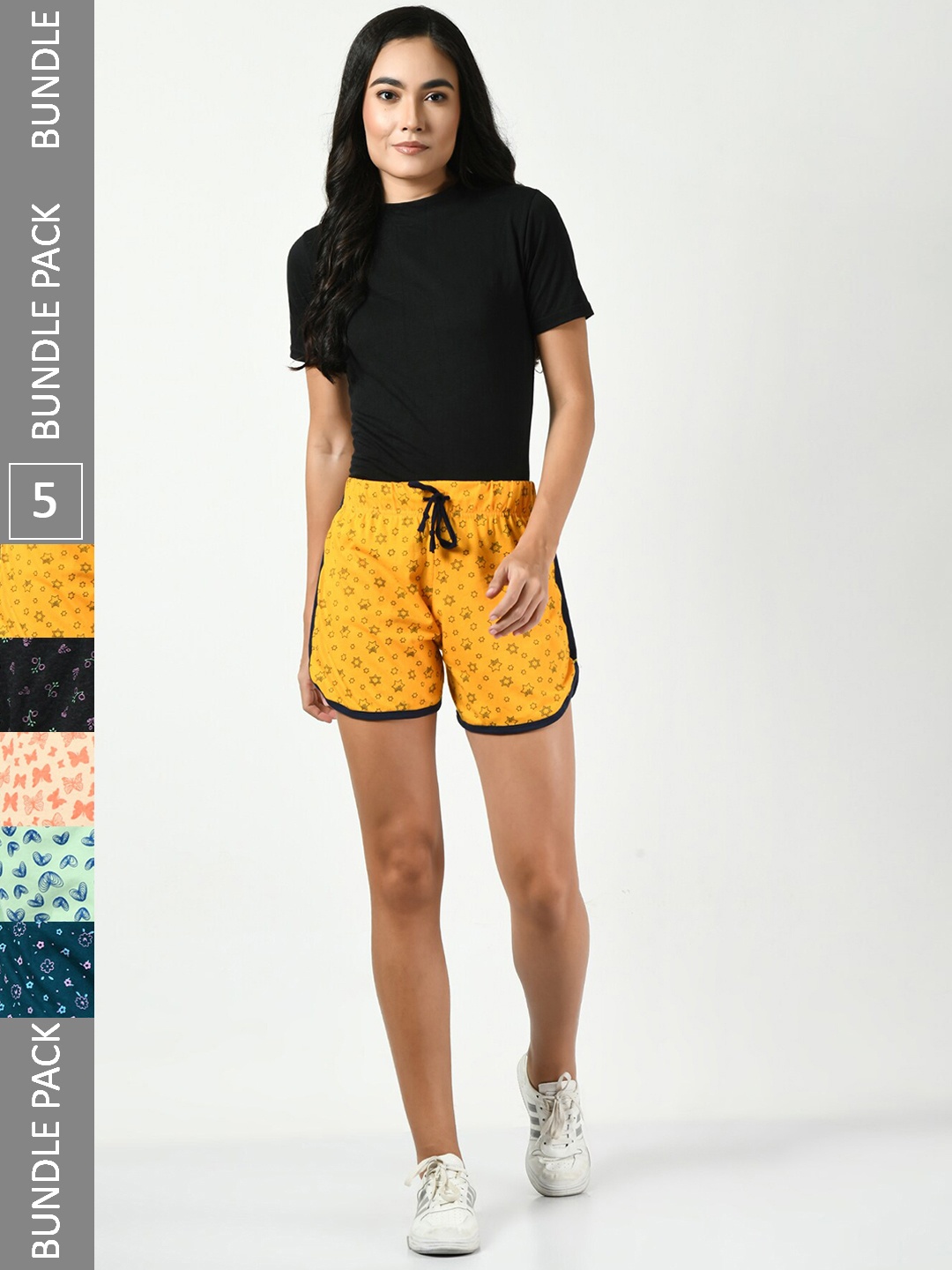 

BAESD Women Pack of 5 Conversational Printed High-Rise Pure Cotton Regular Shorts, Yellow