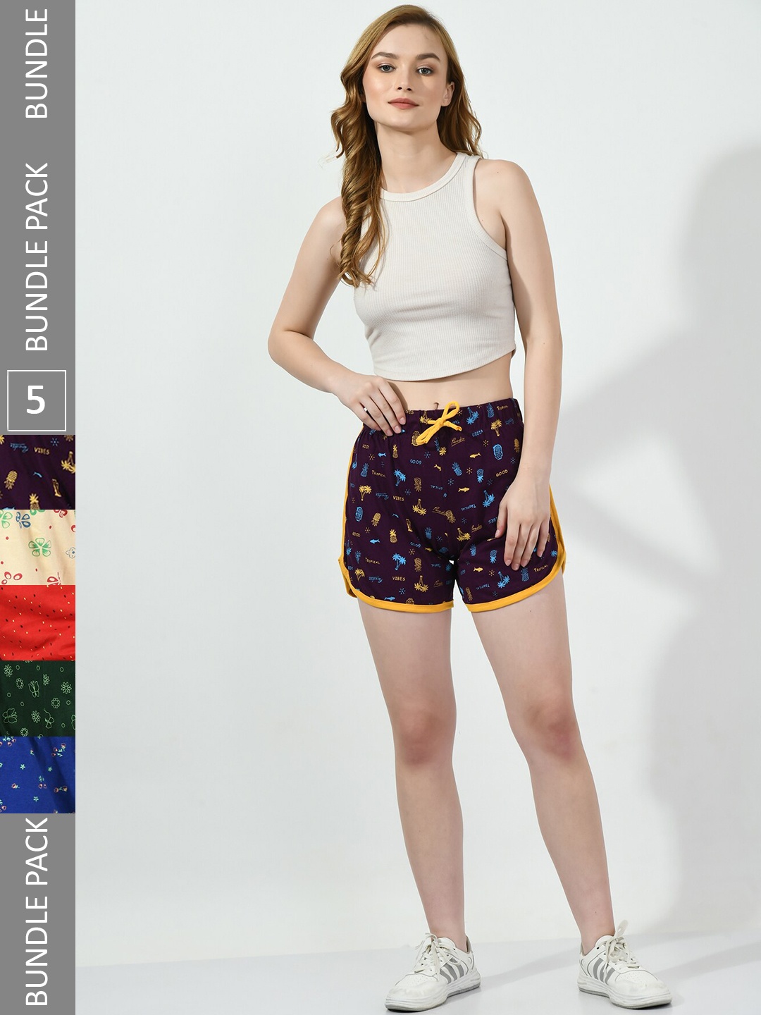 

BAESD Women Pack of 5 Conversational Printed High-Rise Pure Cotton Regular Shorts, Navy blue