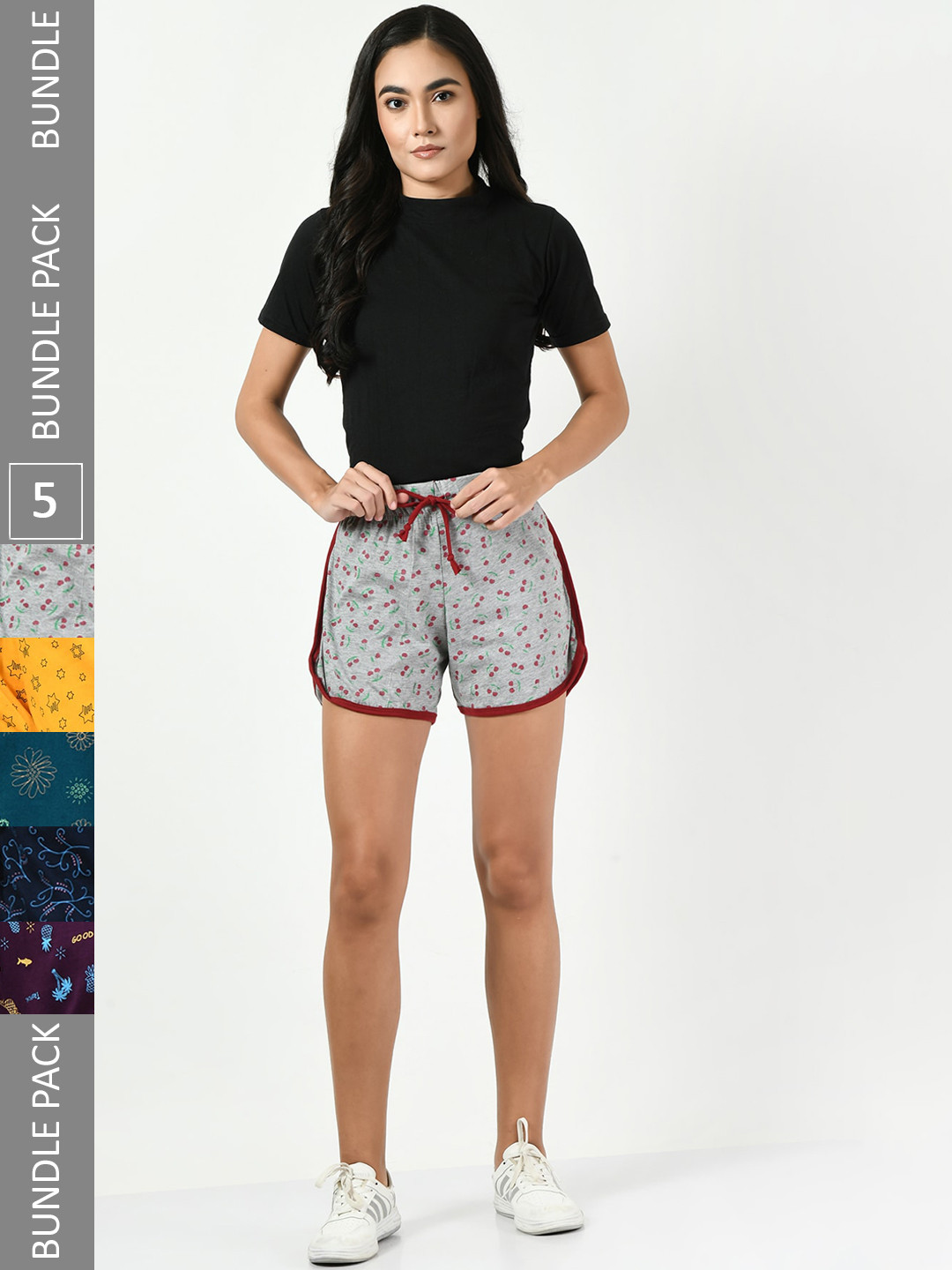 

BAESD Women Pack of 5 Conversational Printed High-Rise Pure Cotton Regular Shorts, Grey