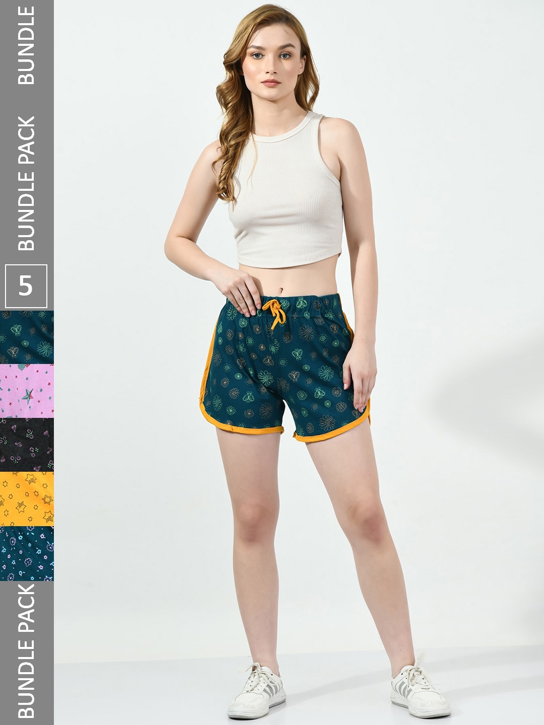 

BAESD Women Pack Of 5 Printed High-Rise Cotton Shorts, Green