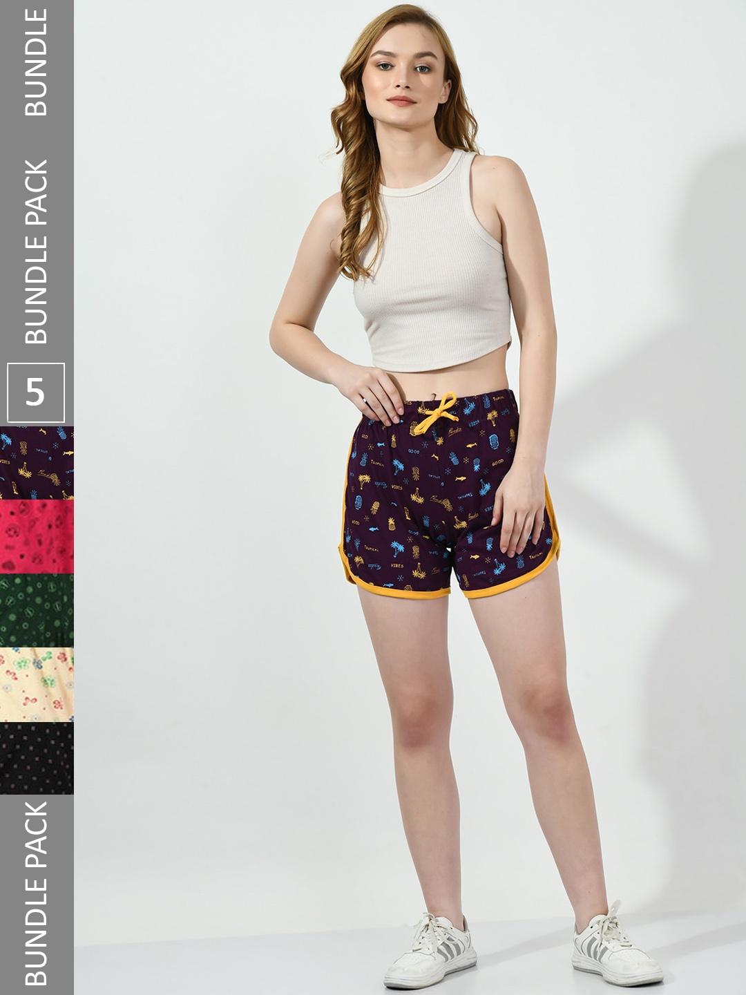 

BAESD Women Pack Of 5 Printed High-Rise Cotton Shorts, Burgundy
