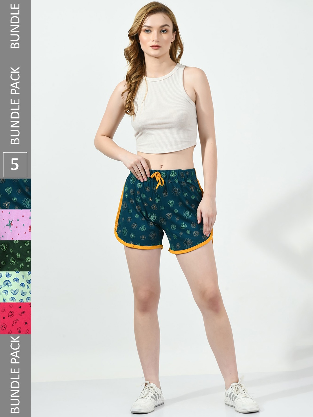 

BAESD Women Pack Of 5 Printed High-Rise Cotton Shorts, Green