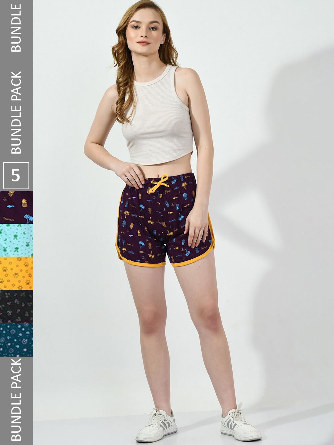 

BAESD Women Pack Of 5 Printed High-Rise Cotton Shorts, Burgundy