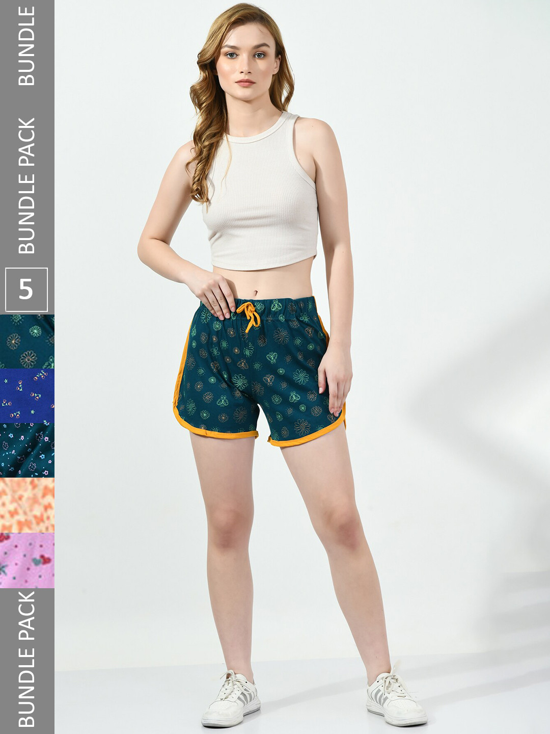 

BAESD Women Pack Of 5 Printed High-Rise Pure Cotton Shorts, Green
