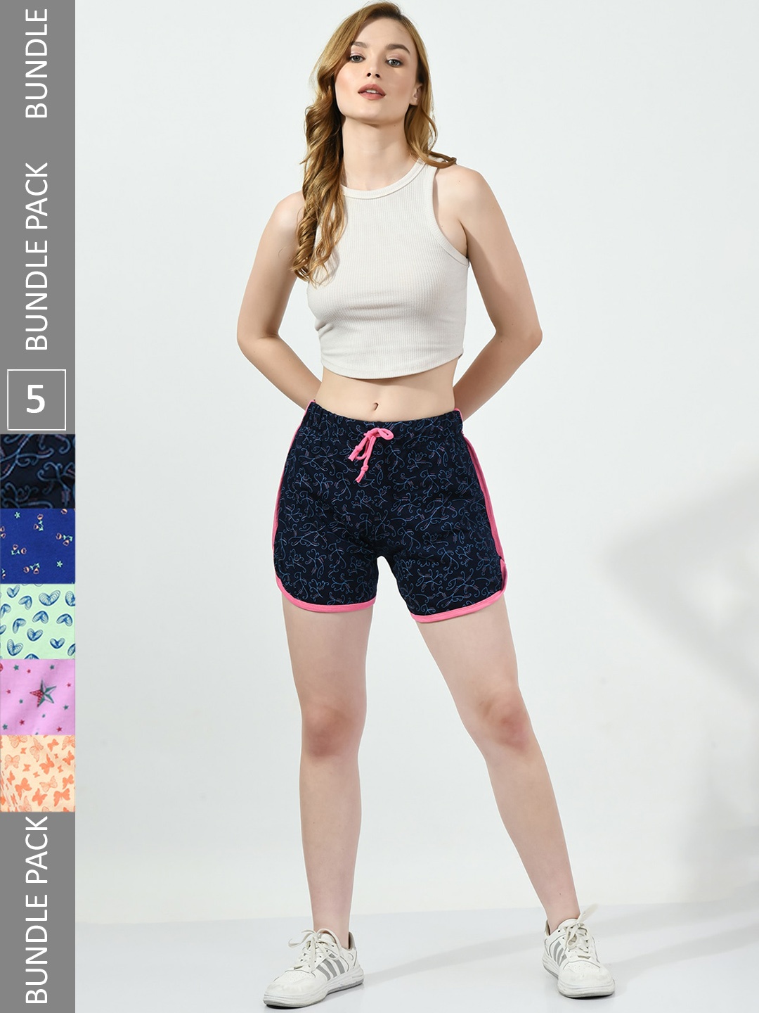 

BAESD Women Pack Of 5 Printed High-Rise Pure Cotton Shorts, Navy blue