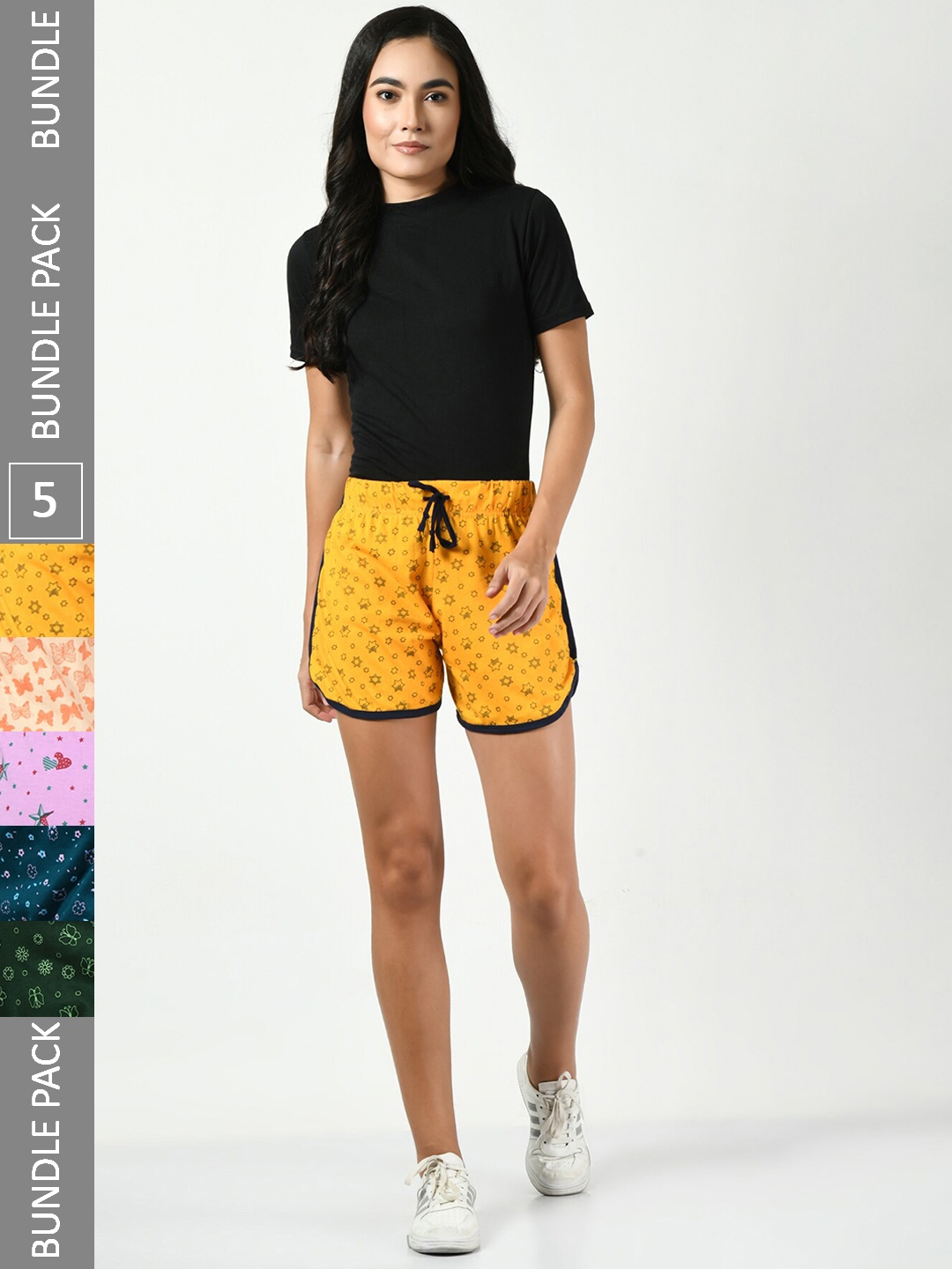 

BAESD Women Pack Of 5 Printed High-Rise Pure Cotton Shorts, Yellow