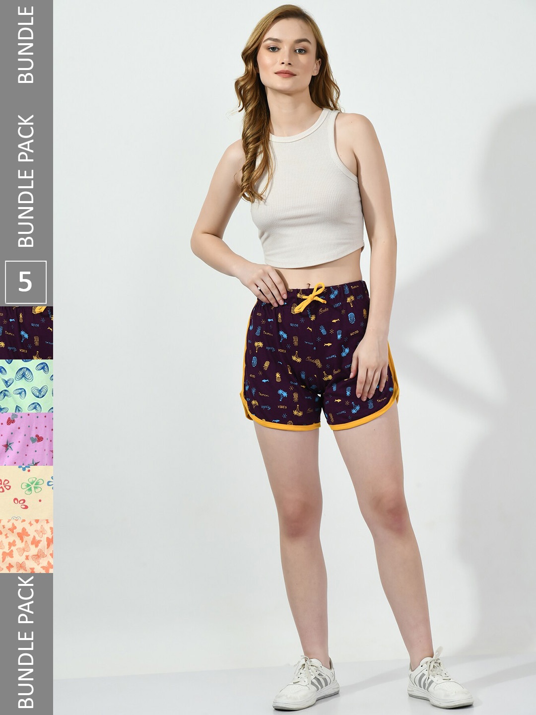 

BAESD Women Pack Of 5 Printed High-Rise Pure Cotton Shorts, Burgundy