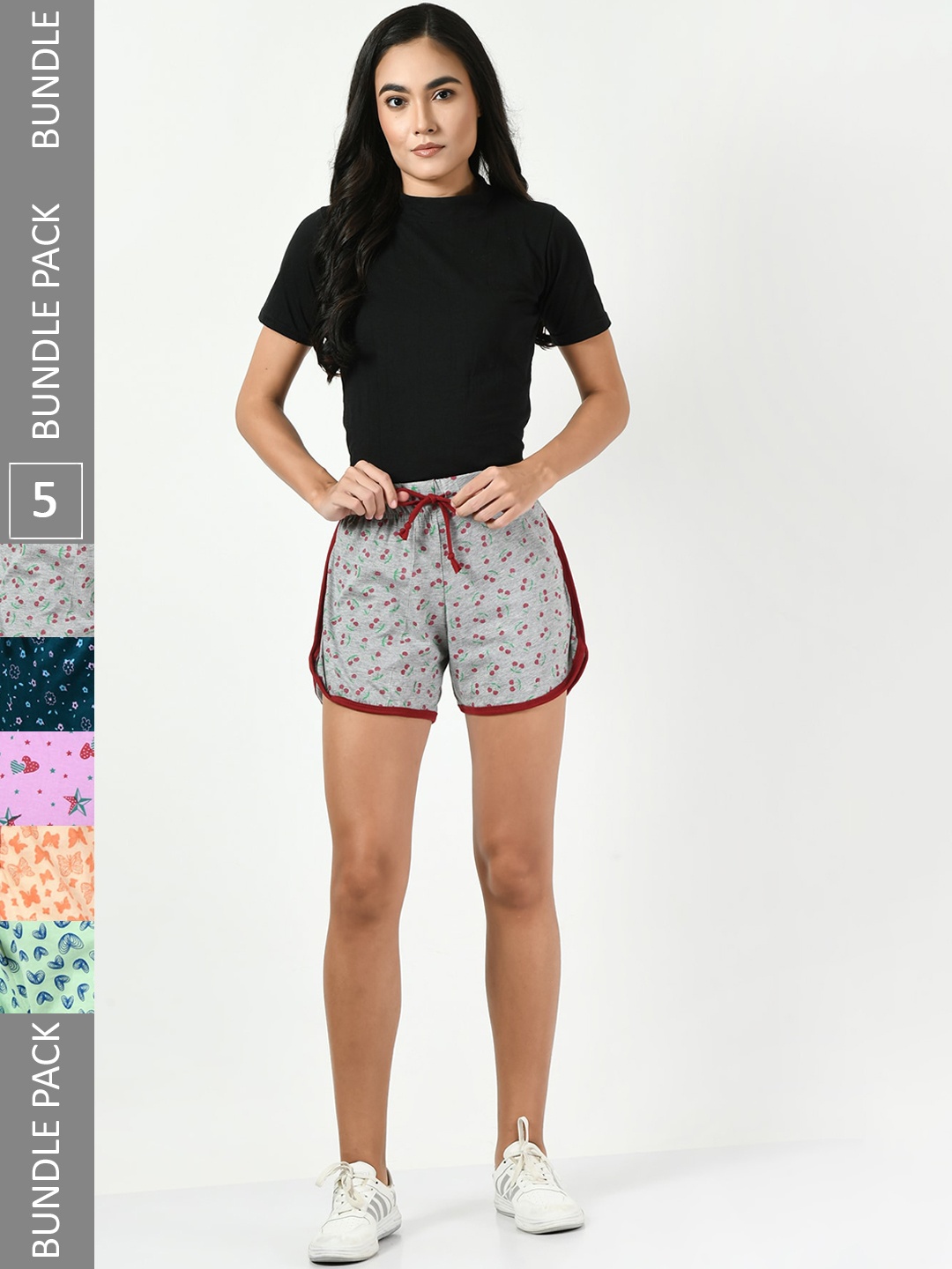 

BAESD Women Pack Of 5 Printed High-Rise Pure Cotton Shorts, Grey