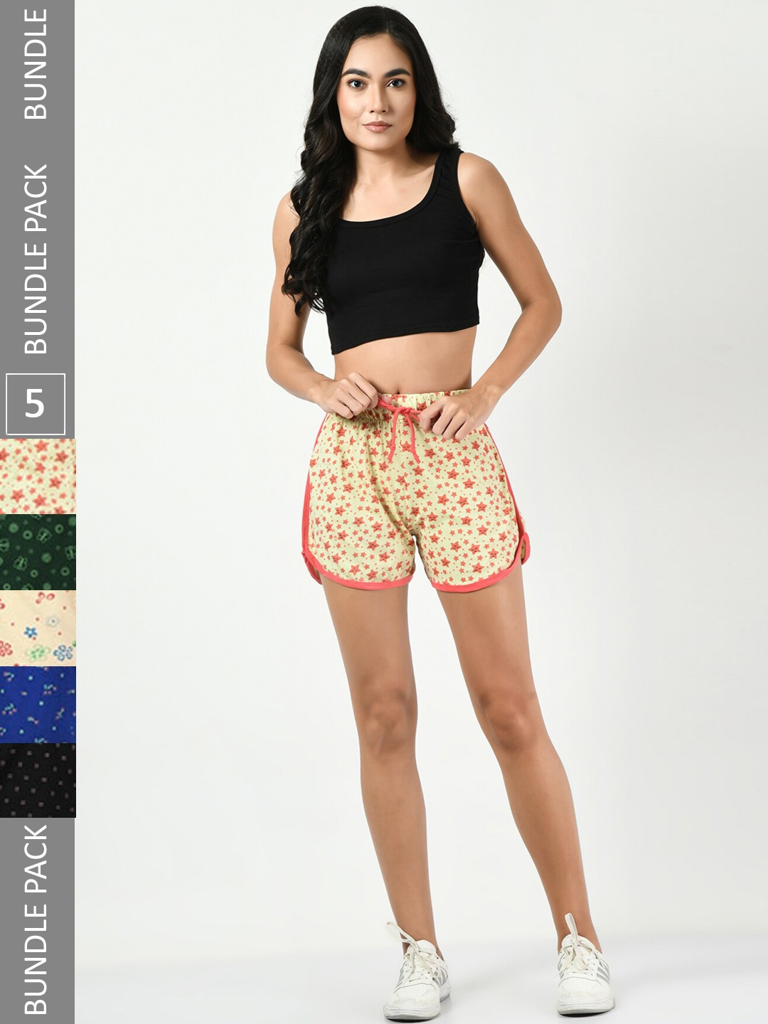 

BAESD Women Pack Of 5 Printed High-Rise Pure Cotton Shorts, Yellow